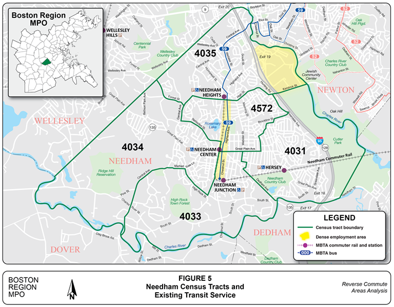 Needham Census Tracts and Existing Transit Service
This figure is a map of Needham showing census tract boundaries, dense areas of employment, and existing transit service.
Needham Census Tracts and Existing Transit Service
This figure is a map of Needham showing census tract boundaries, dense areas of employment, and existing transit service.